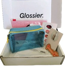 Limited Edition GLOSSIER Clear Mini Beauty Bag Blue & Yellow + Sticker Samples