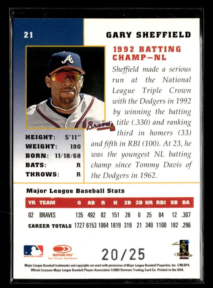 2003 Donruss Champions Gary Sheffield Holofoil /25 #21 Braves UX700 - Image 2 of 2