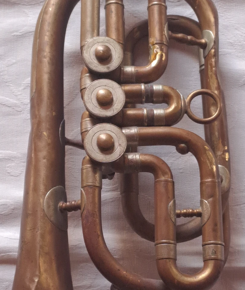 19 / 20 Jahrhundert Trompete antik Willy Köstler Graslitz Böhmen Messing - Bild 3 von 4