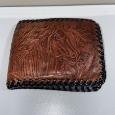 Vintage Hand Tooled Leather Bifold Wallet Black Laced Edge Western Horse