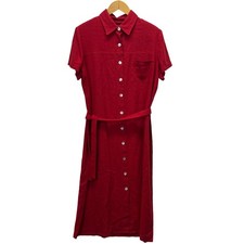 VTG 90s Talbots Petites Red Linen Blend Button Down Belted MIDI Dress 14P USA