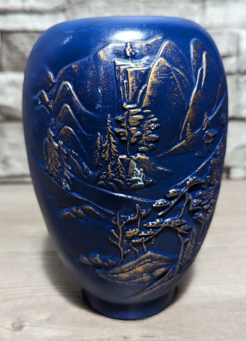 Vintage 6" Oriental Scenic Art Vase Raised Relief Blue & Gold Ceramic Landscape