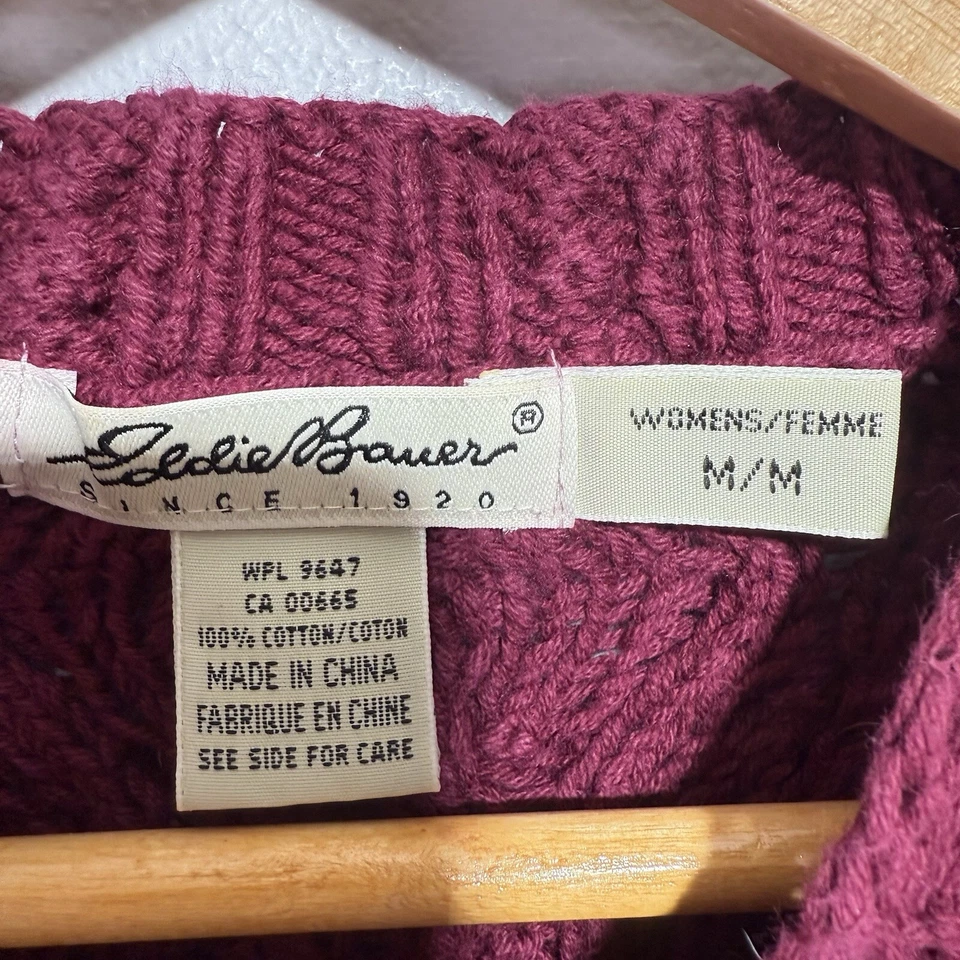 Eddie Bauer Cable Knit Sweater Women’s Size M Burgundy 100% Cotton Casual Preppy - Image 3 of 4