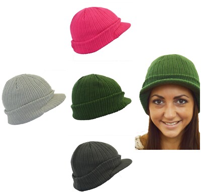 Hat With Peak Beanie Peaked Men's Women's Knitted Soft Winter Fashion Cap  UK