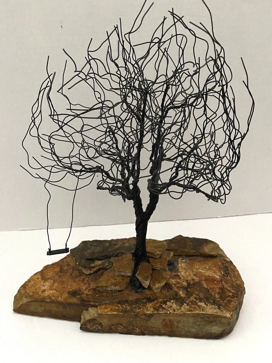 WIRE ART TREE SCULPTURE MOUNTED ON STONE BASE SIGNED