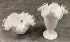 VINTAGE FENTON SILVER CREST WHITE VASE & bowl WHITE WITH CLEAR RUFFLED EDGES