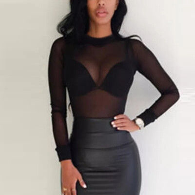 Sheer Black Red Mesh Top Long Sleeve Shirt Sexy Mock Neck burgundy dark goth