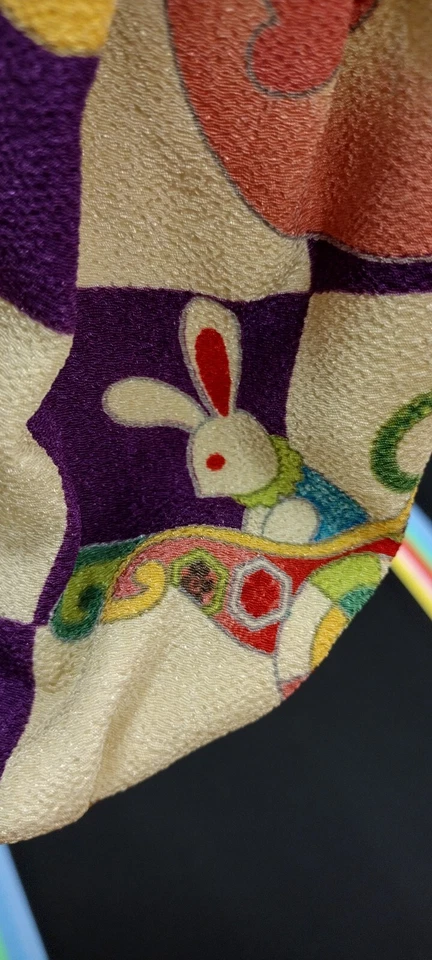 Vtg 90s Kimono Fabric Purse Rabbit & Butterfly Handmade Bamboo Man made Handles - Image 4 of 4