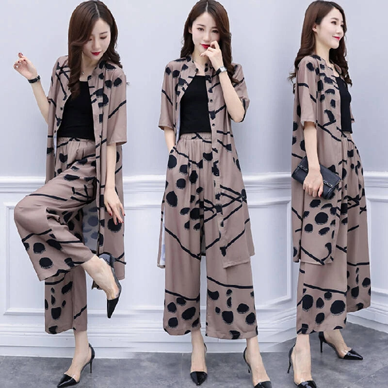 Wide Leg Elegant Womens Pants Suits Sets Wide Leg Pants Outfits Blouses  size S Color 03 Khaki