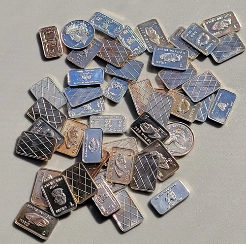 Mixed Lot of 47 - 1 Gram Silver Bullion Bars/ Rounds - 1.51 oz Total Weight