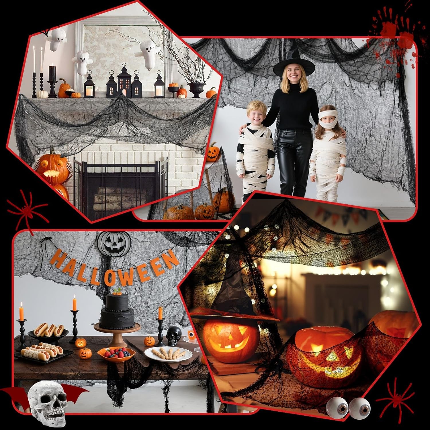 PinCute Halloween Decorations Indoor Outdoor- 5 Pack Creepy Cloth Black 