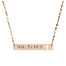 Walk By Faith Bar Necklace – Engraved Cross Stainless Steel Christian Jewelry