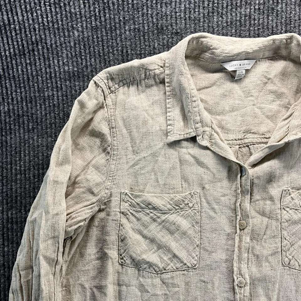 Camisa Lucky Brand para mujer grande beige mezcla de lino con botones bolsillo informal Foto 4 de 4