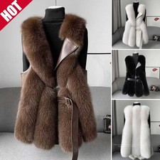 New Women Luxury fox Faux  Fur Vest Genuine pu-Leather Gilet Waistcoat