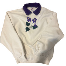JERZEES Women's Collared Pullover Sweatshirt White Purple Floral Embroidered L