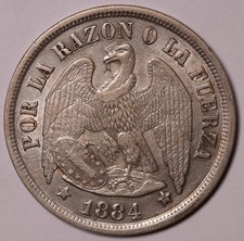 Moneda de Plata Peso Chile 1884 KM# 142 gEF