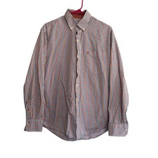 IZOD Button Down Long Sleeves Dress Shirt Mens Size Medium Blue Orange Plaid