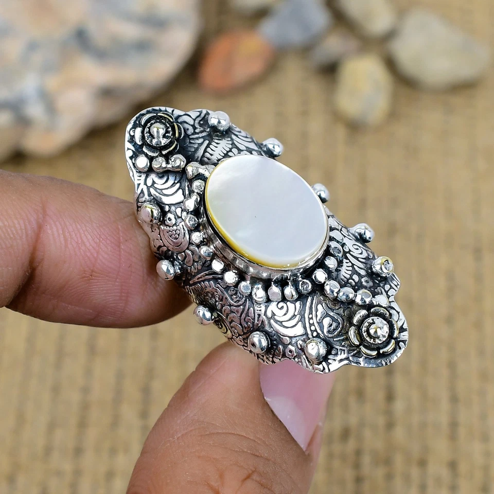 Mother Of Pearl Gemstone Ring 925 Sterling Silver Handmade Jewelry Wadding Gift - Image 2 of 4