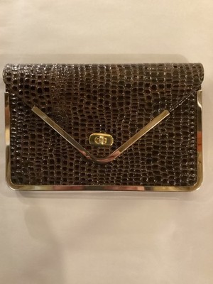 Joan Rivers Classics Brown Faux Croc Clutch Gold Chain Vintage Glam