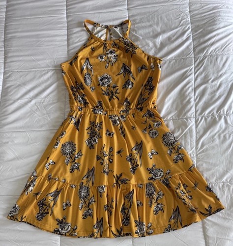 Boutique Yellow Floral Print Halter Dress Size Large Flowy Pockets Sleeveless