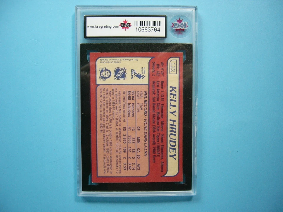 Tarjeta de hockey 1985/86 O-PEE-CHEE NHL #122 KELLY HRUDEY NOVATO RC KSA 10 GEMA MT OPC Foto 2 de 4