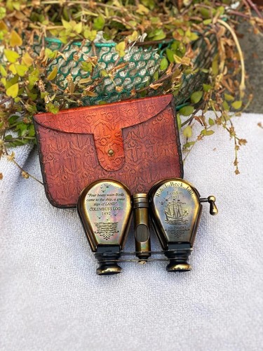 Brass Binocular I With genuine Leather Case, Nautical Antique Binocular Folding - Picture 3 of 6