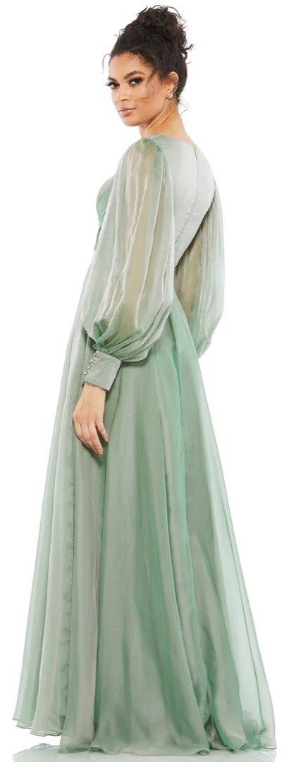 Mac Duggal Size 18 Sheer Blouson Sleeve Sage Green Gown 67873 Dress | eBay
