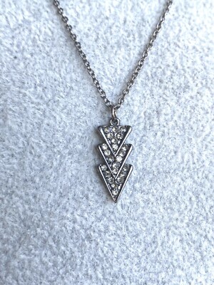 Rhinestone Arrow Necklace Gun Metal Tone Chain 18  Petite Triple Point Pendant