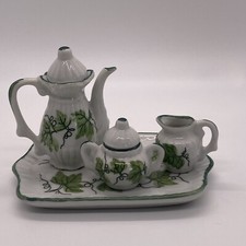 Miniature Mini Tea Set Andrea By Sadek Green Ivy Pattern Tray Teapot Cream Sugar