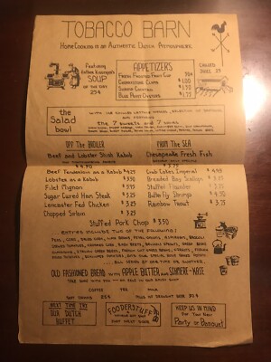 tobacco barn menu The Tobacco Barn Restaurant Route 222 Ephrata Pennsylvania PA Vintage Menu