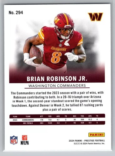 2024 Brian Robinson Jr Panini Prestige Football #294 Washington Commanders - Picture 2 of 2