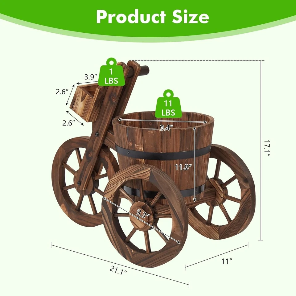 Wood Cart Garden Planter Pot w/3 Wheels Barrow Wagon Flower Barrel Outdoor Decor - Image 2 of 4