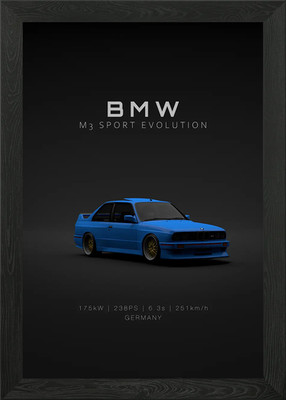 Front BMW M3 E30 Evo 3 blau - Specs gerahmtes Wandbild Poster Leinwanddruck Bild