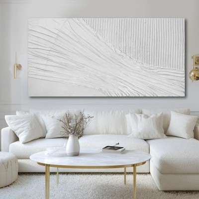 White Textured Abstract Canvas Wall Art, 29x58 Large Minimalist Wall Decor wi...