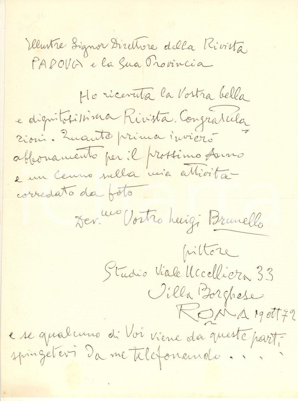 1975 ca ROMA Pittore Luigi BRUNELLO - Lettera abbonamento a rivista *Autografo