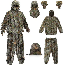 Lightweight Leafy Ghillie Suit for Hunting w/ Hood, Gloves, Mask & Bag