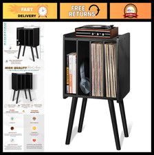 Mid-Century Modern Wooden LP Record Player Stand, 4 Cabinets, Holds 100 Vinyls,