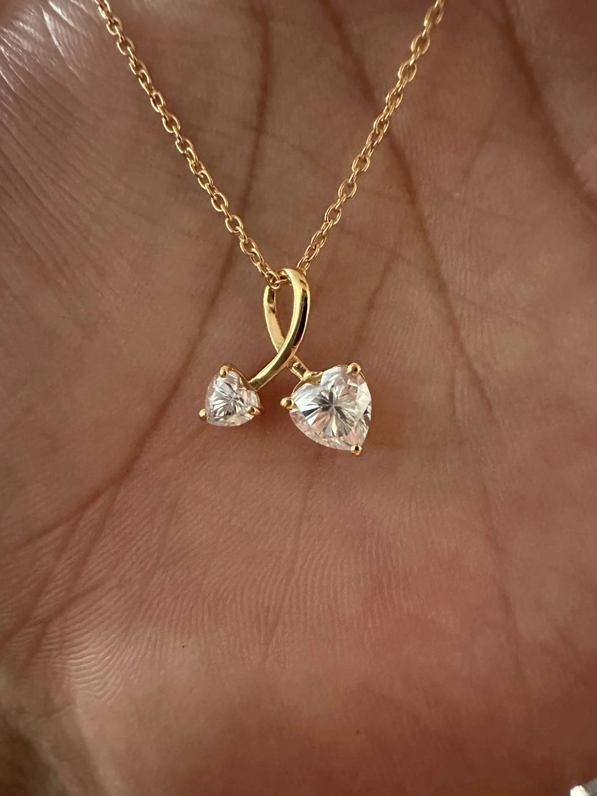 2ct Double Heart Moissanite Pendant Necklace 14K Gold Vermeil Gift for Her