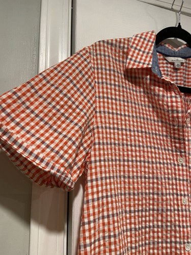 L.L. Bean Size M Red Orange Blue Short Sleeve Seersucker Button Down Mini Dress - Picture 3 of 10