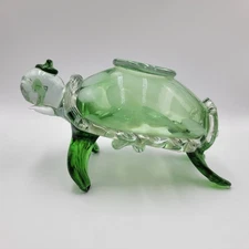 Vtg Large Glass Green Turtle Ashtray Handblown  Murano Style 9” X 5” Flips Over