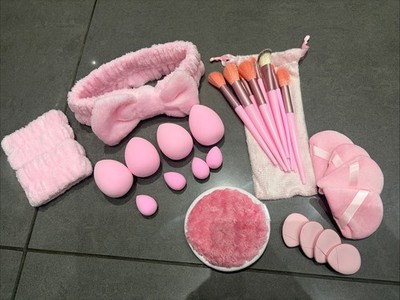 Rosa Make-up Pinsel & Schwamm Set Konvolut (33 Teile) | Beauty Geschenkset Stirnband Pads