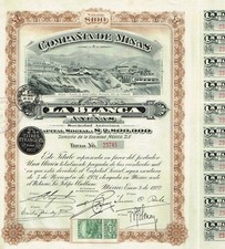 BONO EMPRESA MINERA MÉXICO LA BLANCA certificado de acciones 1922 con CUPONES