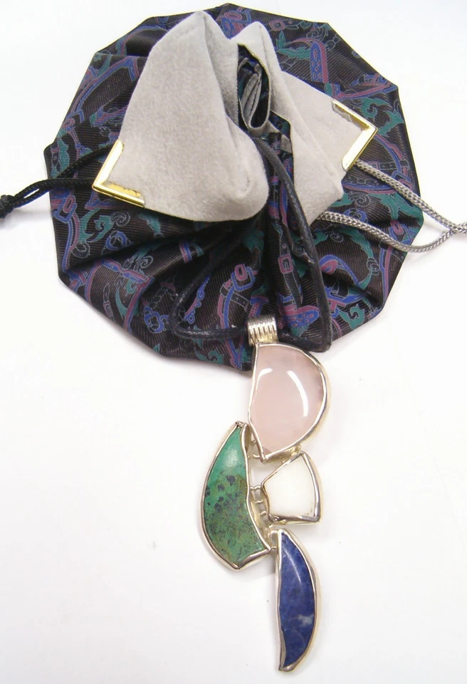 Ciondolo in ARGENTO 925 con PIETRE DURE naturali -Quarzo Rosa Sodalite Malachite - Immagine 3 di 4