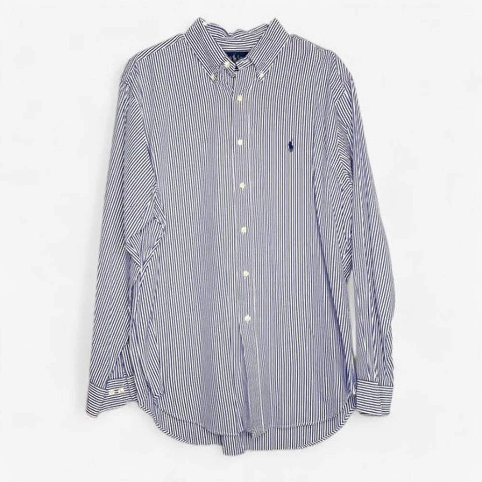 Ralph Lauren Men's Blue & White Striped Classic Fit Dress Shirt Size L