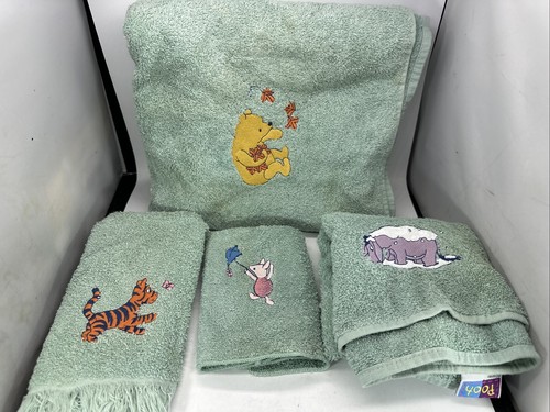 Vtg 4pc Winnie The Pooh Spring Maid Teal Bath Hand Towel Washcloth Set Cotton