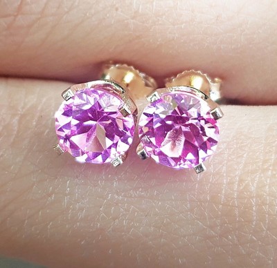 2ct Genuine Natural VS Medium Pink Sapphire 14K Solid Yellow Gold Stud Earrings 