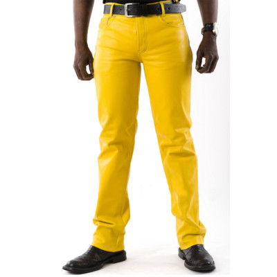 Herren Echt Lammleder Echtleder Gelb Biker Hose 5 Taschen Hose Trousers US