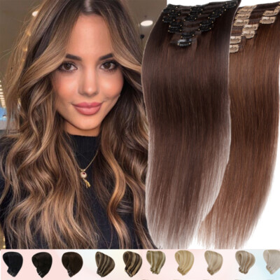 100% Human Hair Seamless Clip in Remy Hair Extensions Full Head Brown Highlight