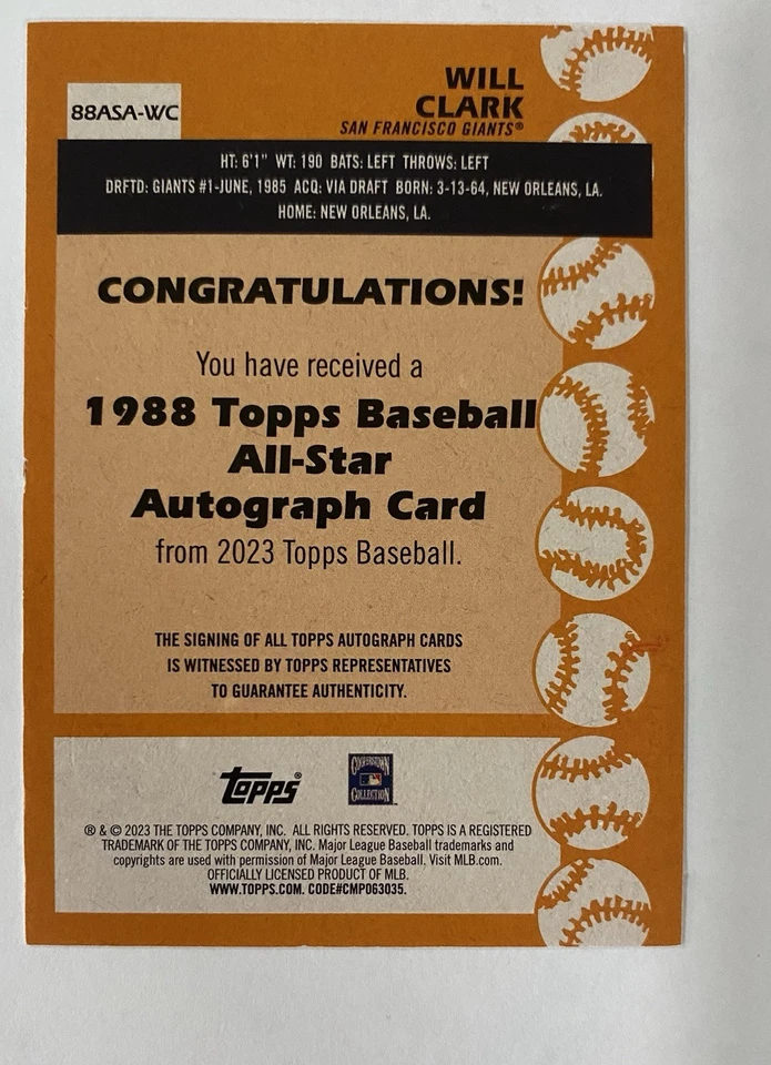 Autógrafos de béisbol Topps Serie 2 1988 Topps All-Star 2023 Will Clark #88ASAWC Foto 2 de 2