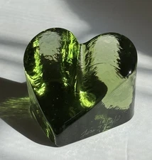 Vintage Fire and Light Green Heart Recycled Art Glass Paperweight ~ Signed